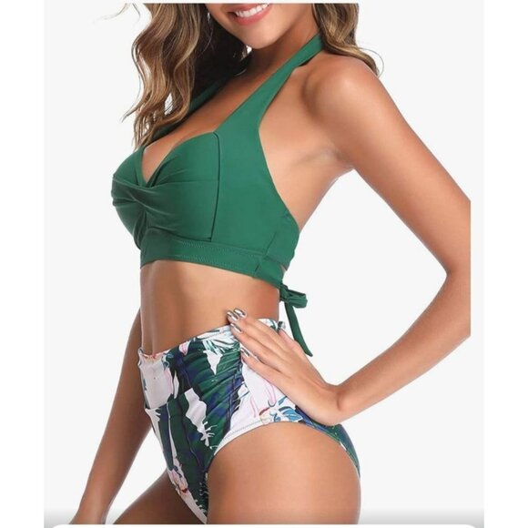Tropical Womens Vintage 2 Piece Swimsuit Retro Halter High Waist Bikini Size Med - Picture 4 of 10